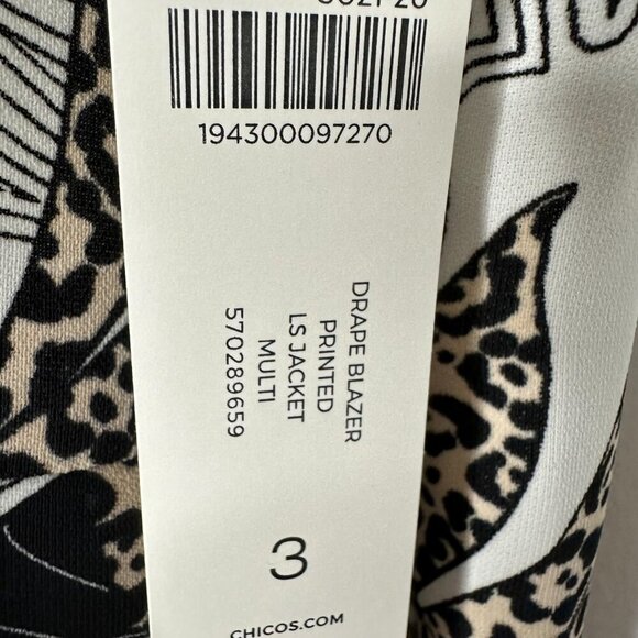 Chicos Tropical Print Draped Jacket Womens XL White Black Open Front - Picture 2 of 9